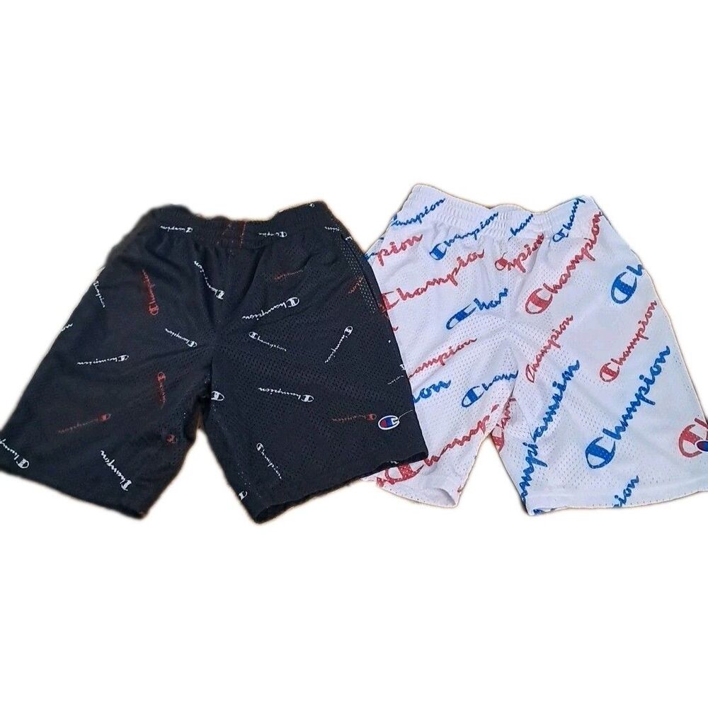 2 Champion Youth Boy's Sz M Athletic Shorts Black White Logo Pocket Elastic MESH
